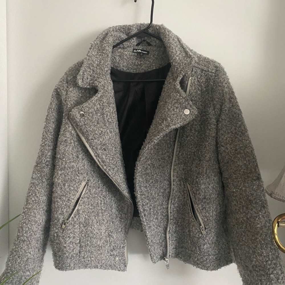 Fuzzy gray bomber style jacket